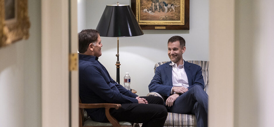 In a side room at Old Parkland, entrepreneur Mark Cuban. left, and Houston philanthropist John Arnold compared notes for the Texas Business Hall of Fame's Creators 2025 speaker series. [Photo: Grant Miller Photography]