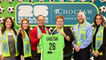 Erica Kosemund, Chief Brand Officer, Choctaw Nation of Oklahoma; Gillian Breidenbach, Chief Partnership Officer, North Texas FWC Organizing Committee; Chief Gary Batton, Chief of Choctaw Nation of Oklahoma; Monica Paul, Executive Director of Dallas Sports Commission and President of North Texas FWC Organizing Committee; John Hobbs, Senior Executive Officer of Communications, Choctaw Nation of Oklahoma; and Heidi Grant, Senior Executive Officer of Commerce Administration, Choctaw Nation of Oklahoma, celebrate Choctaw Casinos & Resorts becoming an Official Dallas World Cup 2026 Host City Supporter. [Photo: North Texas FWC Organizing Committee/Choctaw Casinos & Resorts]